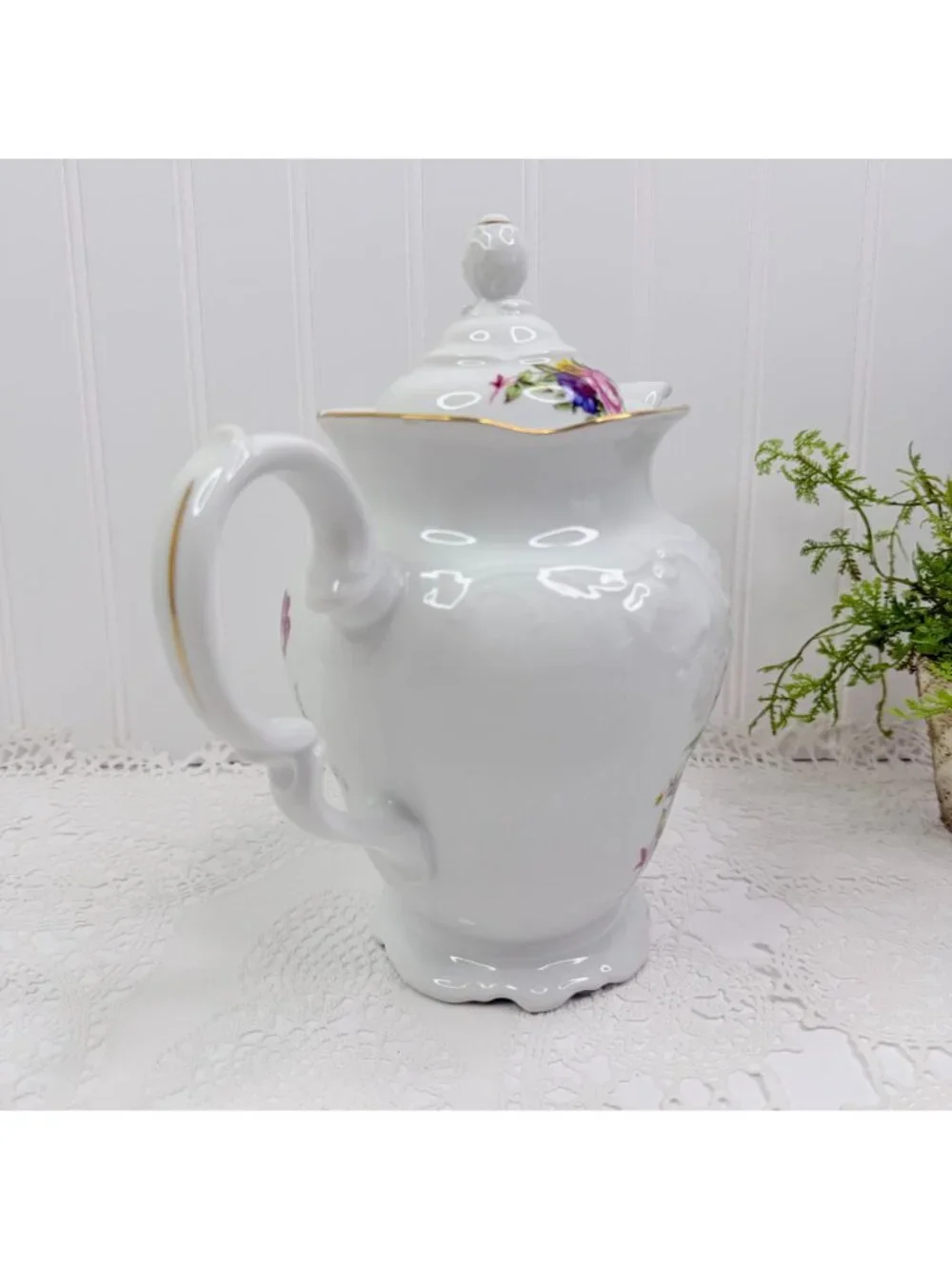 Vtg Royal Kent Poland Floral Teapot Porcelain Coffee Pot Rose Gold Trim Embossed